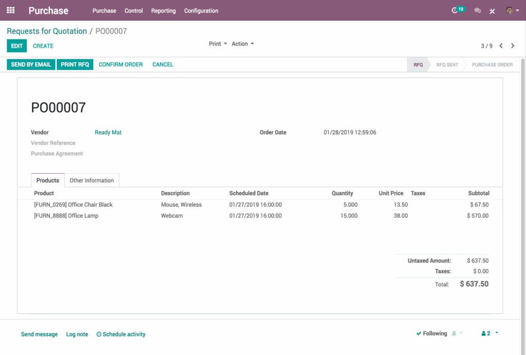 Odoo purchase order management software